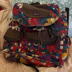 Sakroots Red Multi Floral Canvas Backpack with Brown Trim